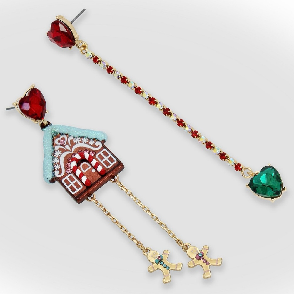 New! Betsey Johnson Jingle Bell Bling Christmas Gingerbread Mismatched Earrings - Picture 3 of 6
